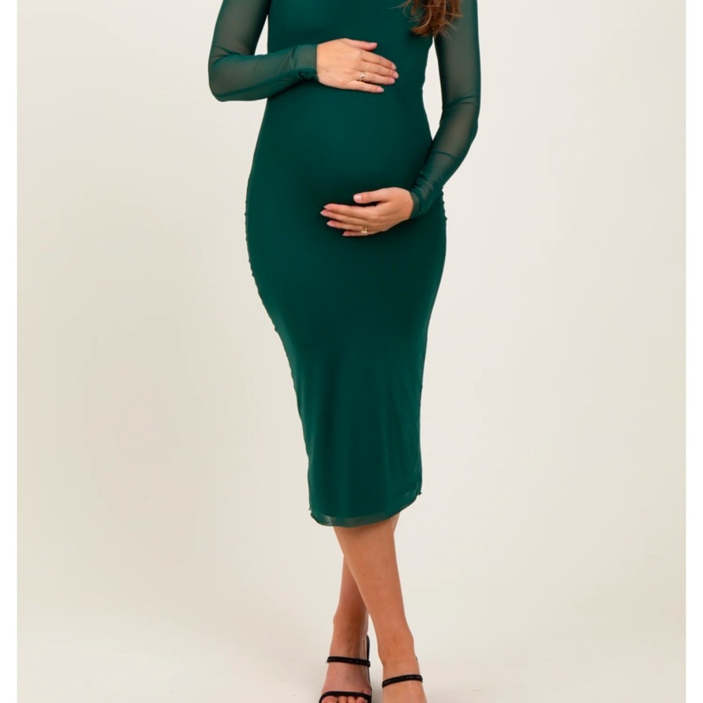 Green Mesh Overlay Fitted Maternity Dress (2 pieces) | PinkBlush